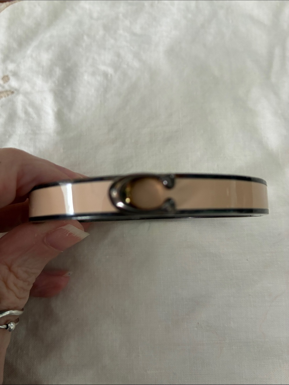 Coach Beige Enamel Bangle with Brown Edge and Classic ‘C' Accent